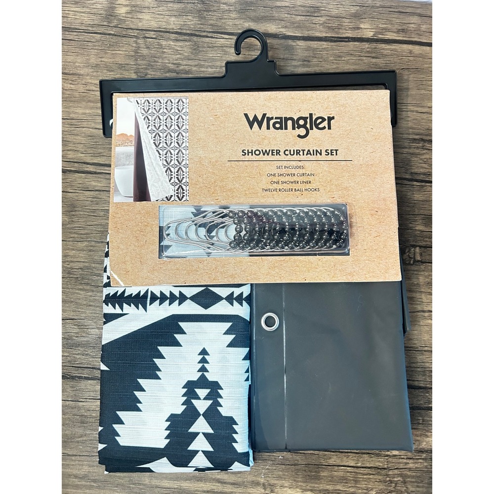 Wrangler Waylon Shower Curtain Set Black White Aztec Western 14 Piece 72x72 NEW